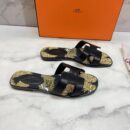 Hermes Oran Floral Canvas Sandals Box Calfskin Spring /Summer Collection, Noir
