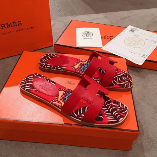 Hermes Oran Floral Canvas Sandals Box Calfskin Spring /Summer Collection Red - Image 3