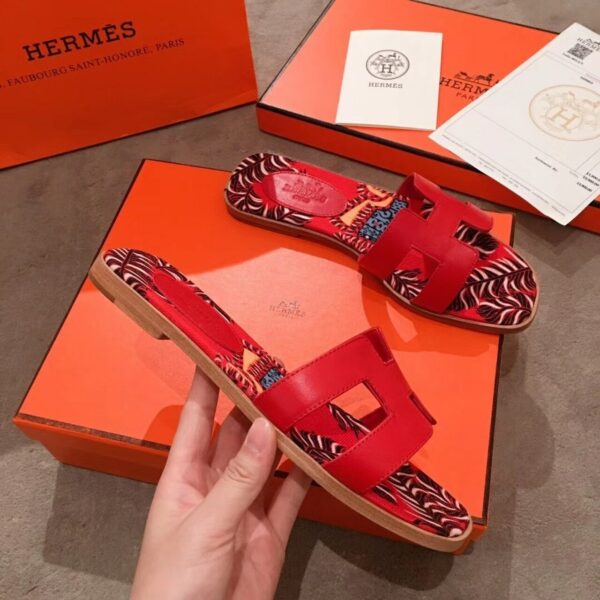 Hermes Oran Floral Canvas Sandals Box Calfskin Spring /Summer Collection Red - Image 7