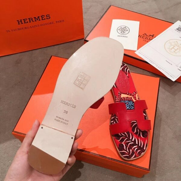 Hermes Oran Floral Canvas Sandals Box Calfskin Spring /Summer Collection Red - Image 6