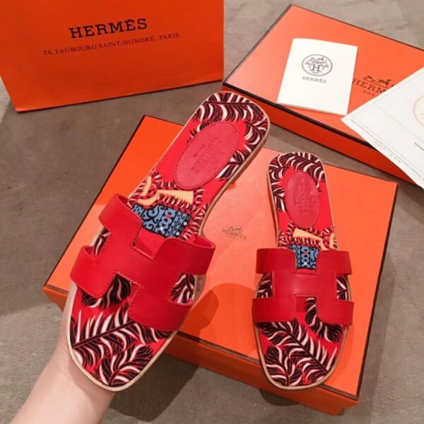 Hermes Oran Floral Canvas Sandals Box Calfskin Spring /Summer Collection Red - Image 8