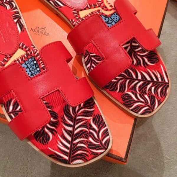 Hermes Oran Floral Canvas Sandals Box Calfskin Spring /Summer Collection Red - Image 5