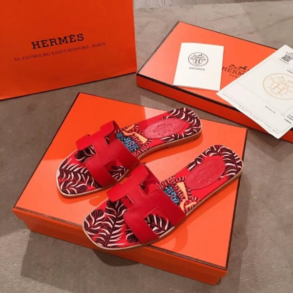 Hermes Oran Floral Canvas Sandals Box Calfskin Spring /Summer Collection Red