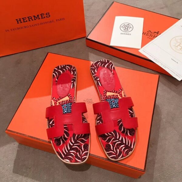 Hermes Oran Floral Canvas Sandals Box Calfskin Spring /Summer Collection Red - Image 2