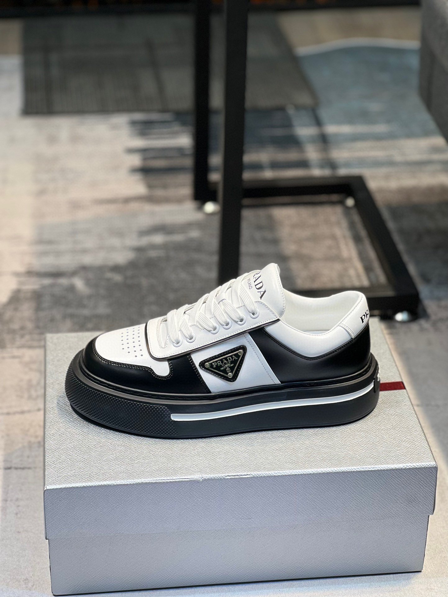 Prada Leather Fashion Sneakers Black White