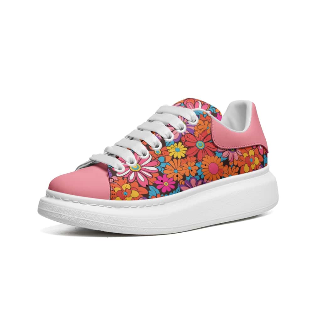 70s Vintage Pink Floral Sneakers, Printed Low Top Shoes With Rose and Peony Flowers