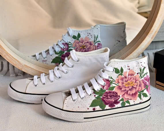 Grunge Floral Sneakers, Printed High Top Shoes With Rose and Peony Flowers