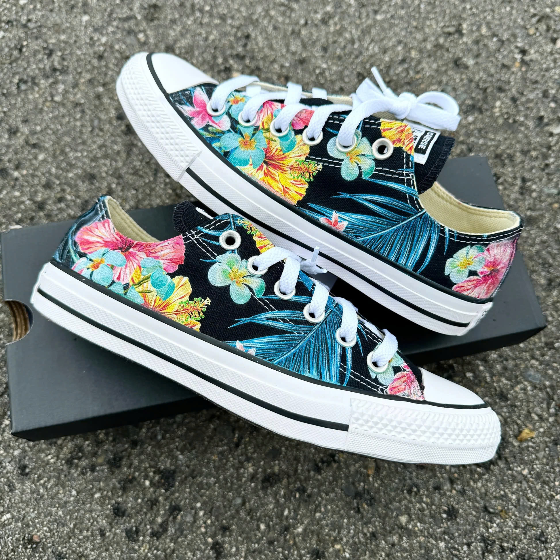 Tropical Floral Sneakers Printed Black Shoes Canvas Low Top Shoes Hibiscus Flowers On Shoes