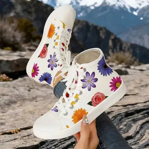 Women's Flowers Painted White Shoes Canvas Shoes Roses On High Top Shoes Pink Roses