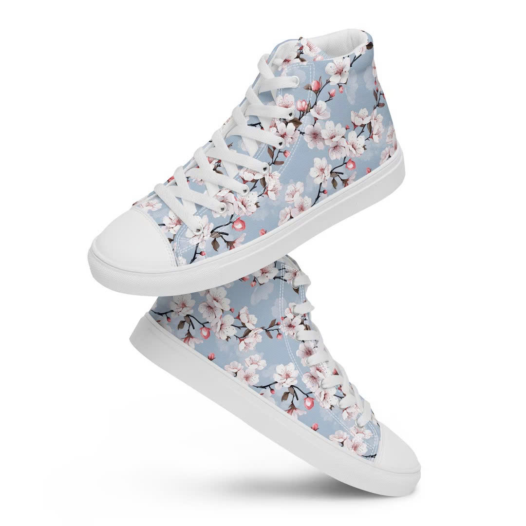 Women's Pink Cherry Blossom Printed Blue Shoes Canvas Shoes Pink Floral On Low Top Shoes