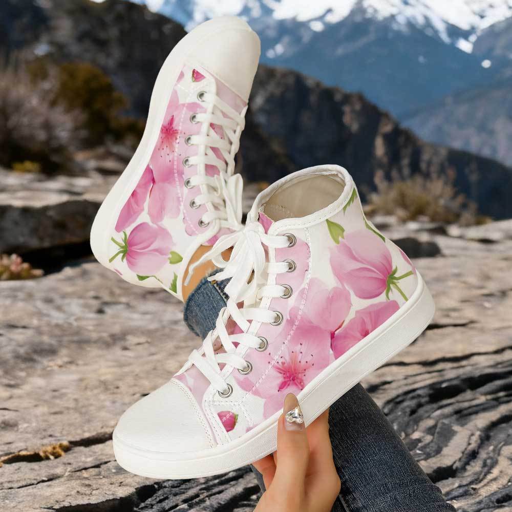 Women's Pink Cherry Blossom Printed White Shoes Canvas Shoes Pink Floral On High Top Shoes